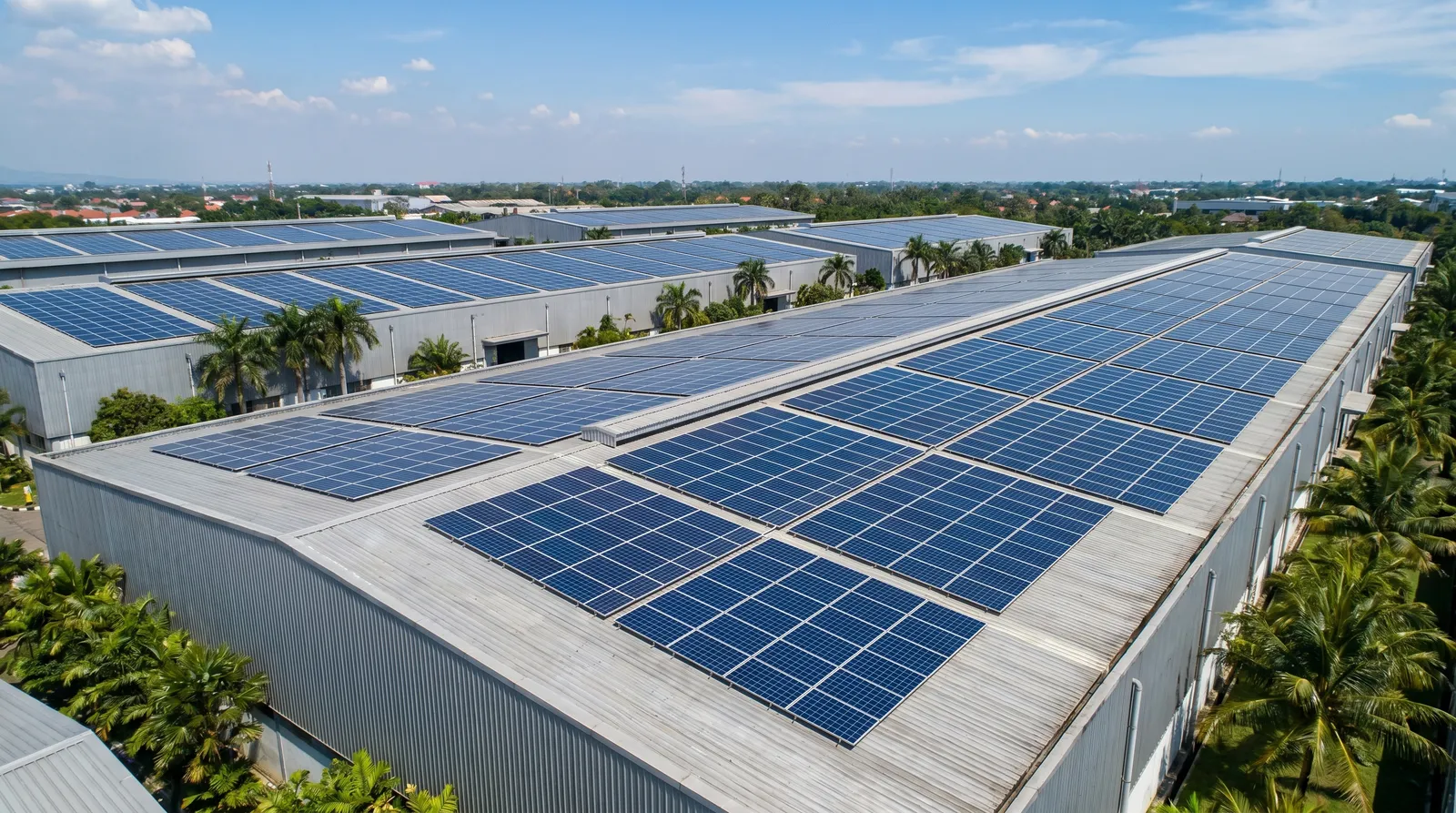 Atap pabrik dan gudang dengan instalasi panel surya komersial di kawasan industri Indonesia